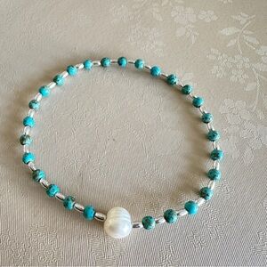 Pearl Turquoise magnesite Rice Silver Stretchy Bracelet